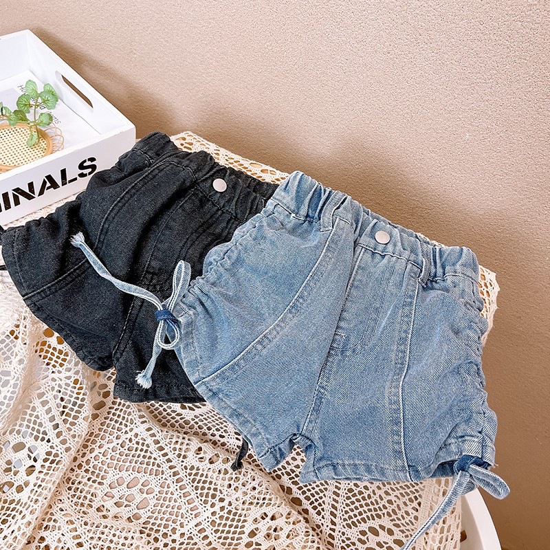 Children's Stylish Casual Pants Summer New Girls Korean Drawstring Jeans Trendy Solid Color Shorts
