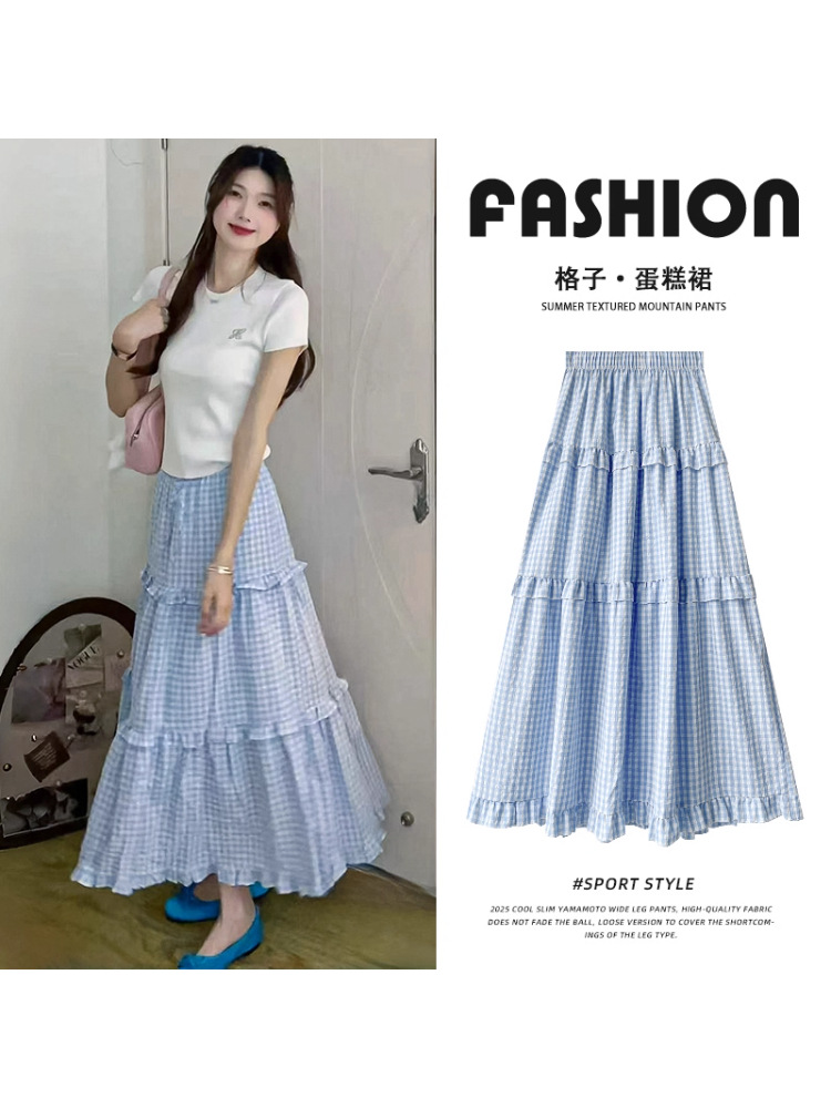 Blue and white plaid skirt women's summer 2025 new gentle small fresh high-rise A-line skirt mid-length cake skirt