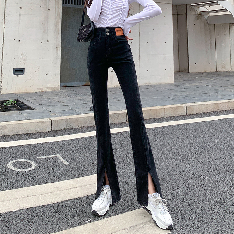 Picture of High waist stretch slim-fit split skinny jeans women's design new light-colored straight slimming flared mop pants