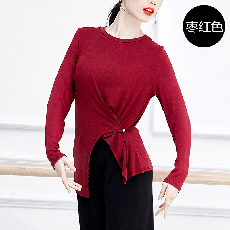Picture of Buttoned Ethnic Square Jazz Training Top for Adults, Modern Dance Practice Clothing for Women, Versatile Solid Color