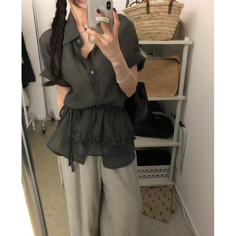 Korean Chic Summer French Design Simple Back Lace Slimming Look Shirt + Fungus Lace Curtain Suit
