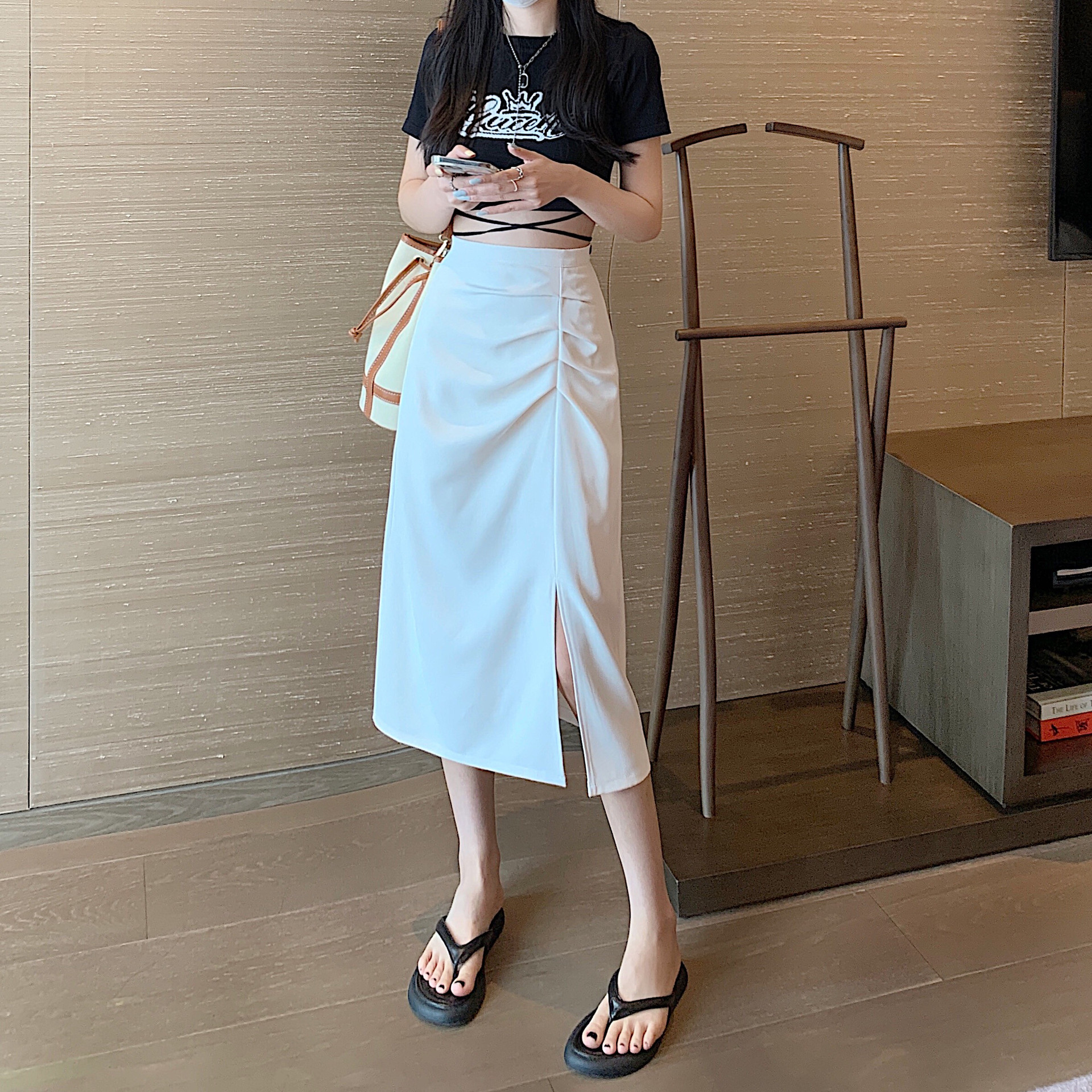 2023 irregular chiffon suit skirt women's summer slimming pleated hip skirt mid-length split A- line skirt