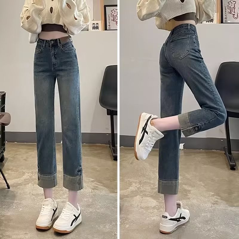 Retro smoke tube jeans for women 2023 new high waist slimming small cropped micro elastic straight pants autumn fashion