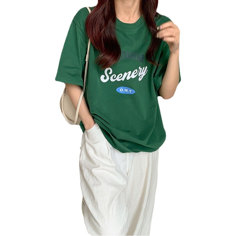 Cotton Printed Summer Loose Short-Sleeved T-Shirt for Female Students with Simple Letters Korean Style Round Neck Couple Ins Top for Women