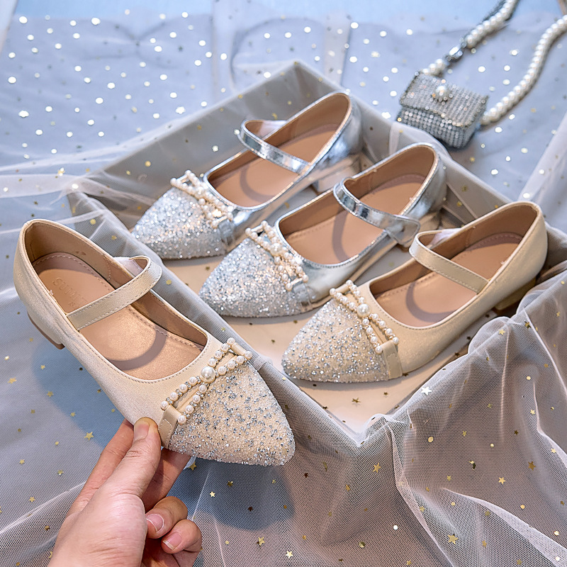 Girls Princess Shoes 2025 New Spring and Autumn Little Fragrance Shiny High Heels Children's Performance Dress Rhinestone Shoes
