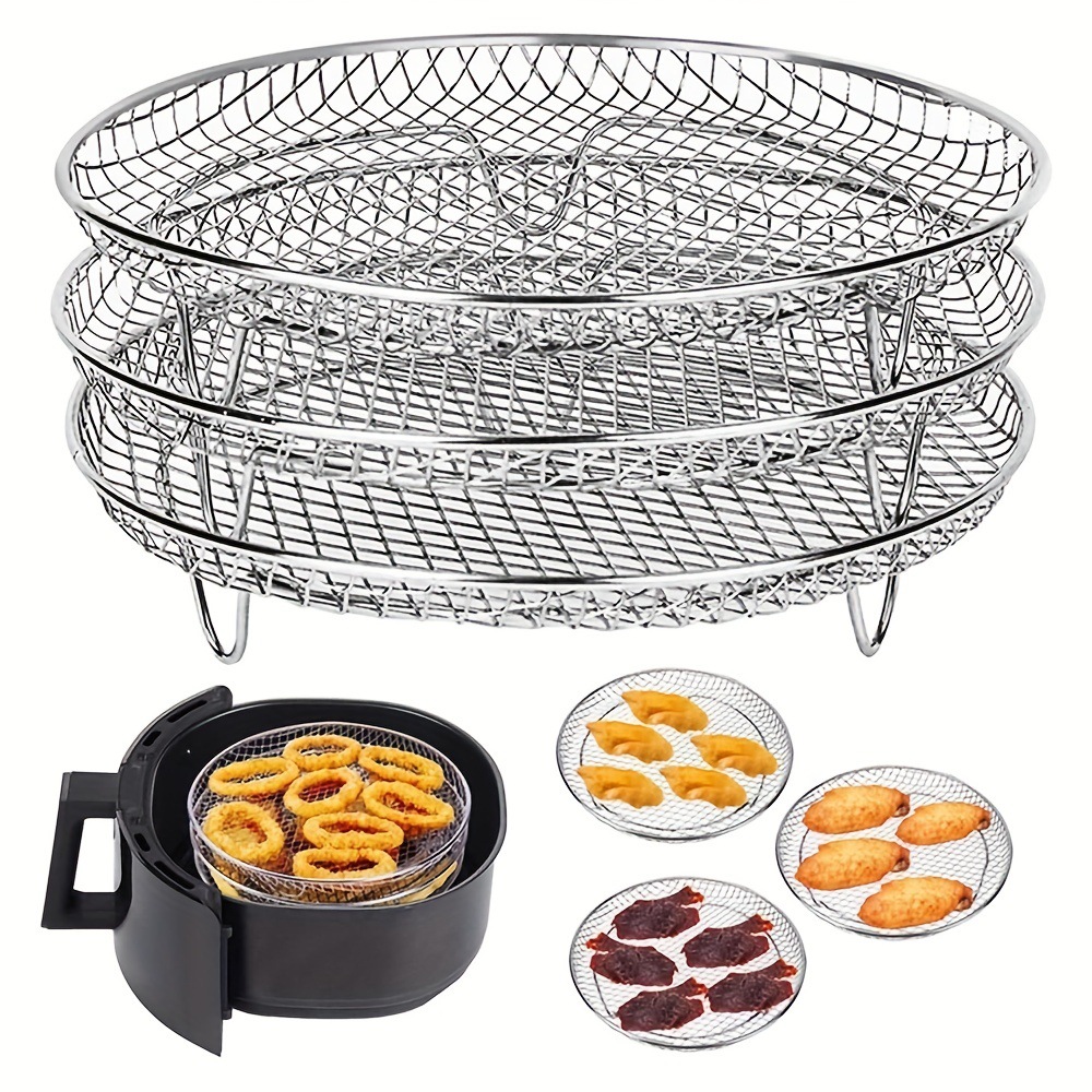 Picture of Cross-border three-layer stainless steel grill multifunctional air fryer rack 304 stainless steel air fryer basket tray