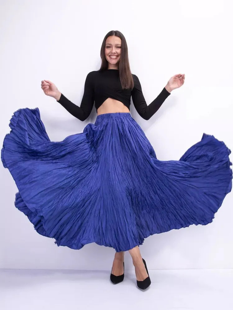 Pleated Long Skirt for Women, 720-Degree Large Hem, Irregular Extra-Long Floor-Length Pleated Skirt, Slimming Umbrella Skirt