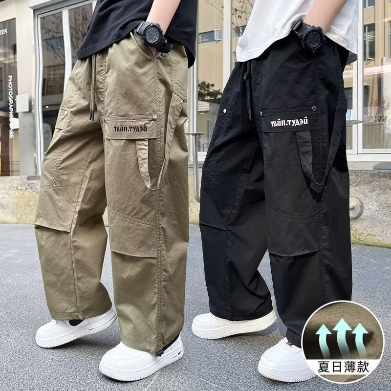 Summer Boys Casual Pants 2025 New Style Boys Middle and Big Kids Handsome Loose Wide Leg Pants Teenager Overalls