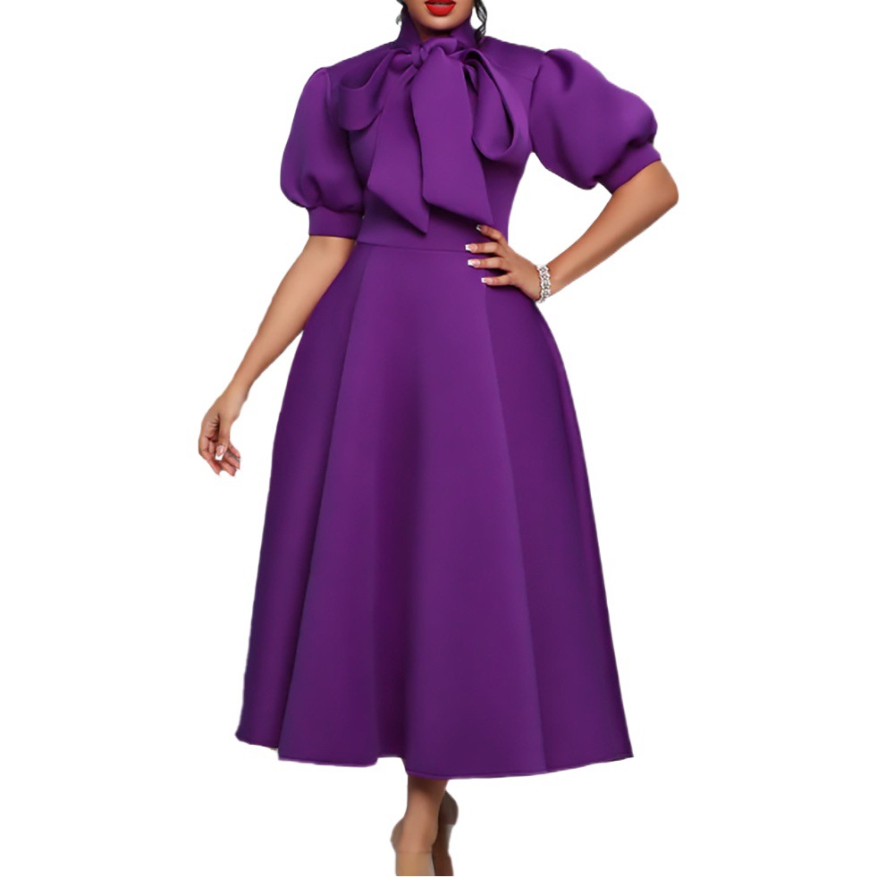 European and American Plus Size Women's Clothing 2024 Summer New Style Lace-Up Bow Pure Color Large Swing Banquet Dress Skirt Export Dress