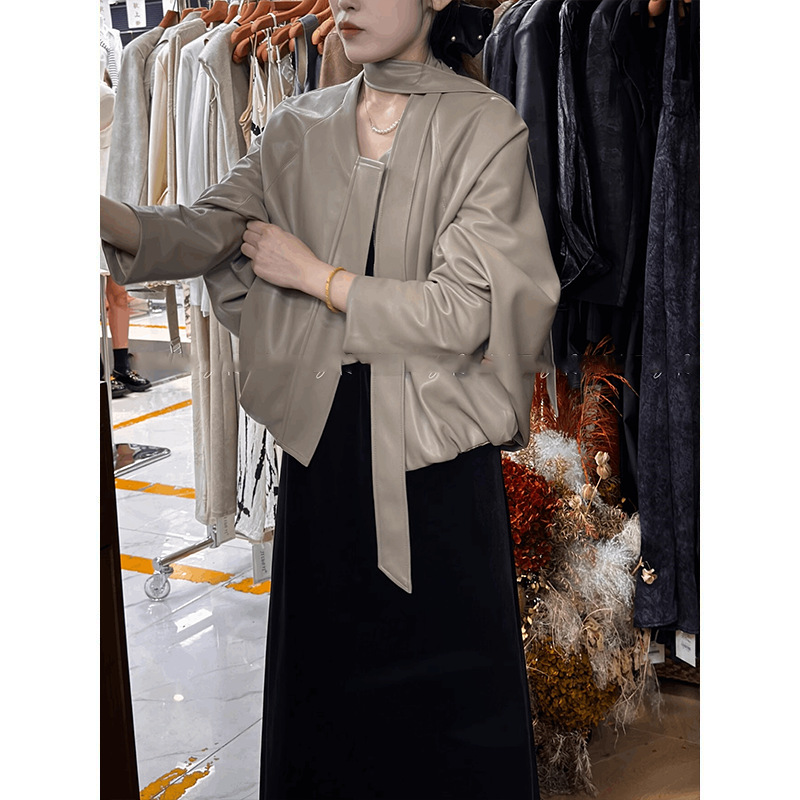 Design Niche Short Leather Jacket for Women 2025 Autum New Korean Style Loose Leather Jacket with Ribbon