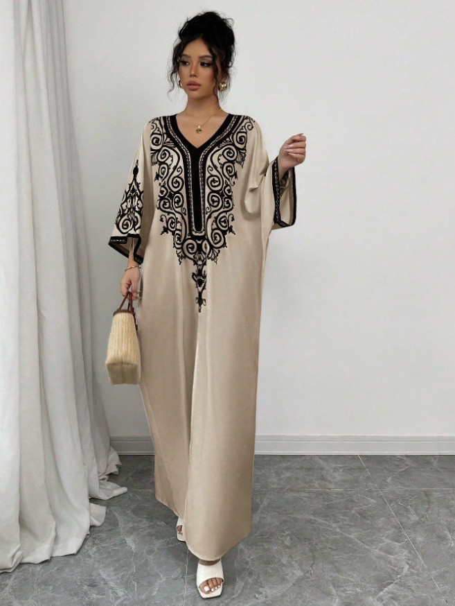 Cross-border V-neck positioning flower fashion loose-fit printed maxi dress