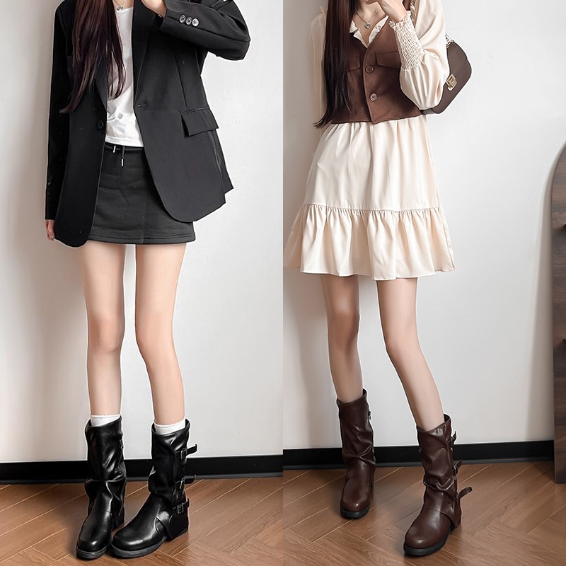 Picture of Belt Buckle Pleated Mid-Boots Women's Autumn and Winter Outer Wear Retro Punk Side Zipper trouser Boots Western Style Cowboy Boots