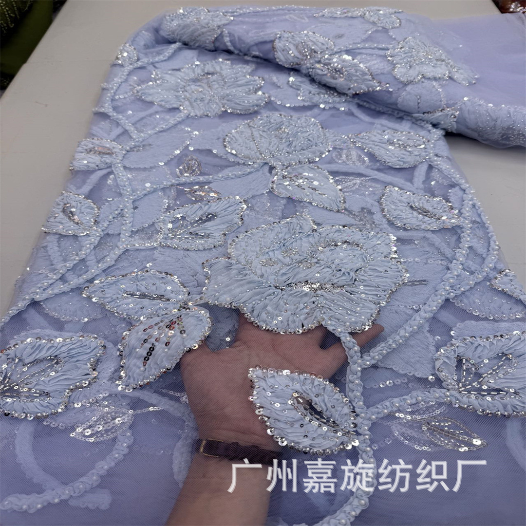 Heavy industry three-dimensional mesh plate flower embroidery fabric bead tube sequins European and American wedding dress fashion dress fabric Dress lace