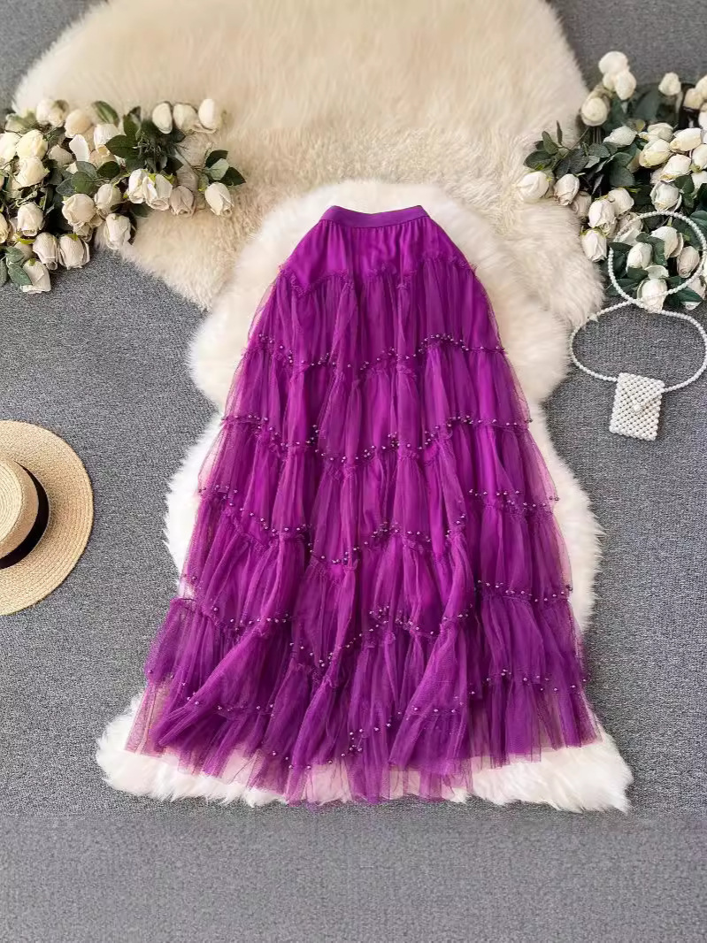 Early Spring Mesh Skirt High Waist Solid Color Pearl Ruffled Stitching Cake Skirt Beaded Skirt A- Shaped Long Skirt