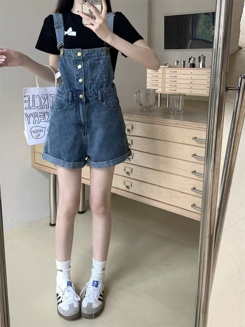 Women's Denim Overalls 2025 Spring/Summer New Single-Breasted Rolled-Up Shorts Petite High-Waisted Straight Wide-Leg Pants