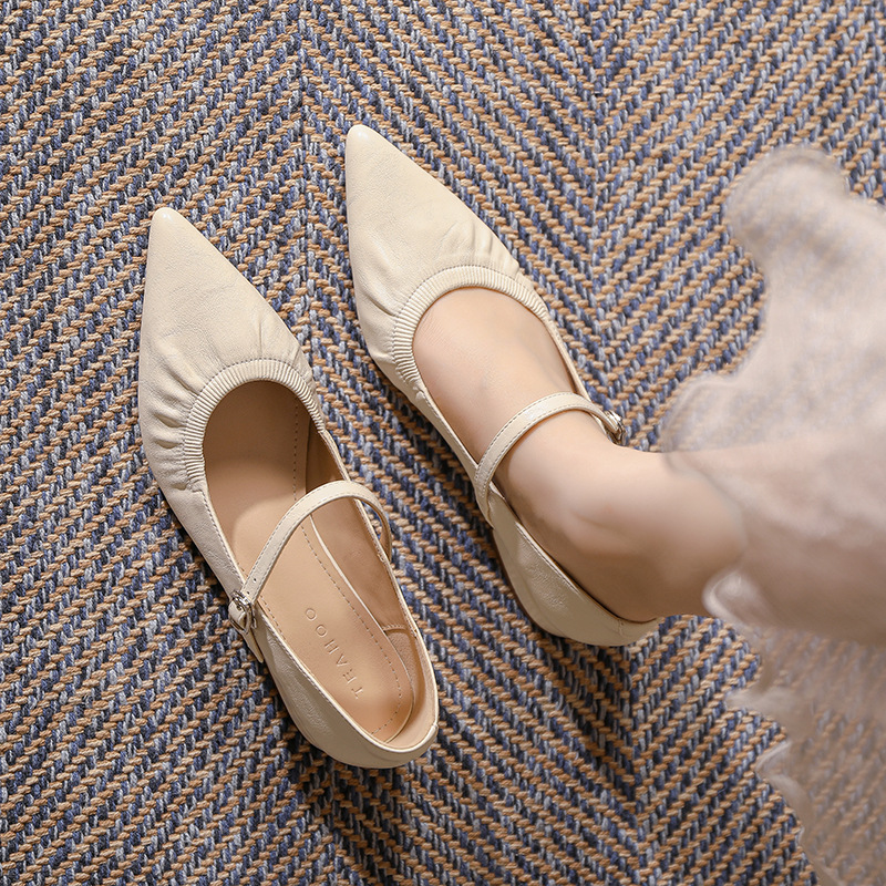 Tweed Style Pointed Toe Shoes for Women in Autumn and Winter New Style French Girl Soft Sole Versatile Lightweight One-Line Strap Shallow Mouth Mary Jane Shoes