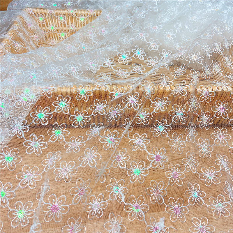 Shantou Water-Soluble Mesh Embroider Lace Manufacturer 125cm Mesh Sequin Milk Silk Embroider Fabric Wedding Dress Fabric