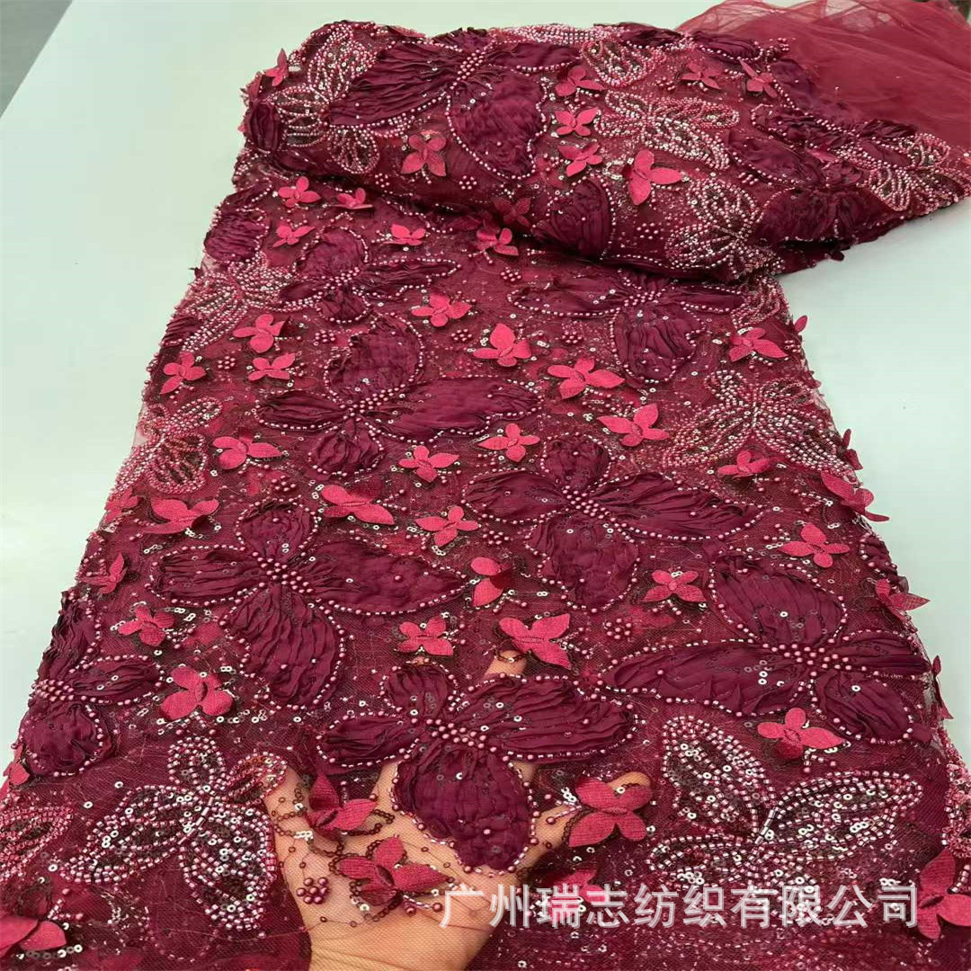 Heavy industry three-dimensional butterfly nail bead mesh embroidery lace fabric dress skirt cheongsam performance costume embroidery fabric