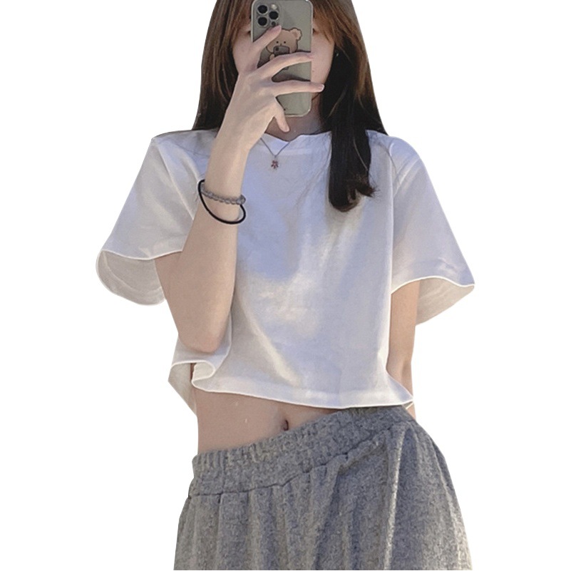 Short T-Shirt for Women, Cotton Summer 2025 New Style, Loose Inner Round Neck Top, Sexy Pure Desire, Navel-Baring Girl Short Sleeves