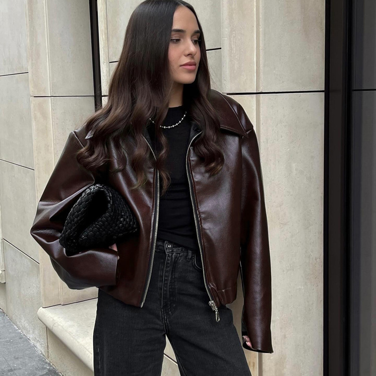 2024 European and American Autumn and Winter New Motorcycle Leather Jacket Fashion High-end Cross-border Women's Loose Jacket