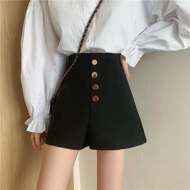 2024 Black Shorts Girls Summer New plus size chubby girl Wide Pants High Waist Single-breasted A- line Casual Hot Pants