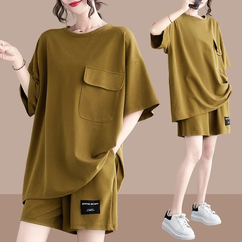 2023 Summer European casual suit women's loose fashion all-match short-sleeved shorts two-piece set slightly fat