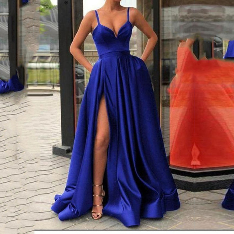 Picture of 2025 New Cross-Border Spring Amazon European and American Dress Slimming Look Pure Color Suspender Tail Banquet Satin Dress