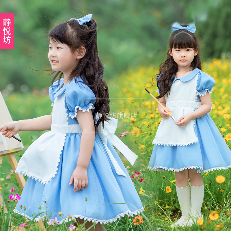 Blue Alice Maid Costume Girls Dress Dream in Wonderland Cos Halloween Kidsren Lolita Costume
