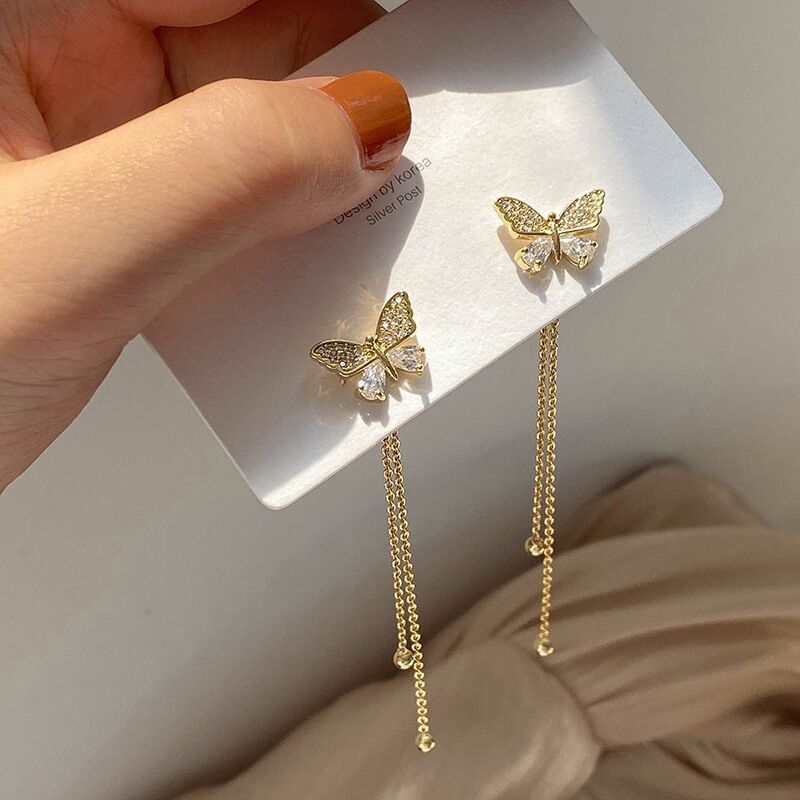 S925 Silver Needle Long Tassel Diamond Butterfly Earrings Niche Design High-End Earrings European and American Cross-Border Women's Earrings