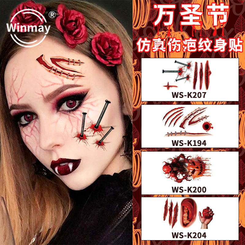 Cross-border New Halloween Tattoo Sticker Simulation Bloody Scar Sticker Realistic Horror Disposable Temporary Waterproof Sticker