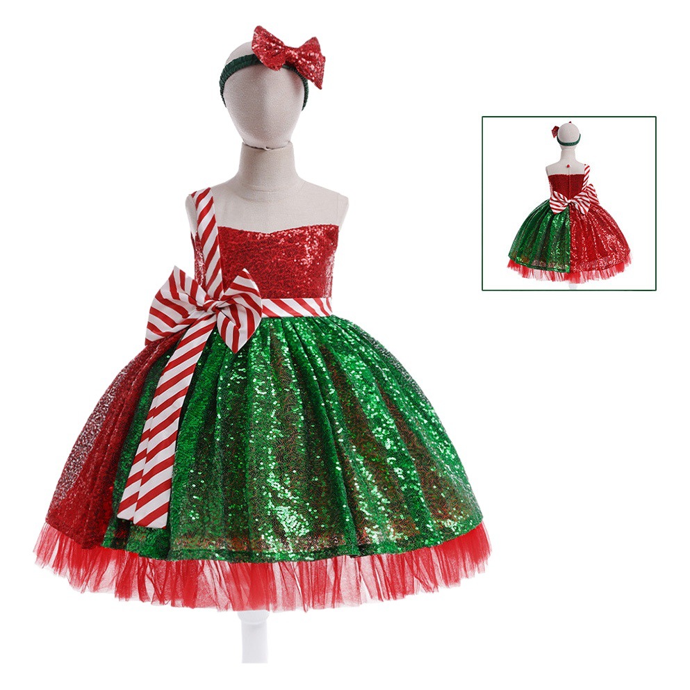 Christmas New Children's Dress Red and Green Stitching Bow Waist Sequin Princess Dress Banquet Performance