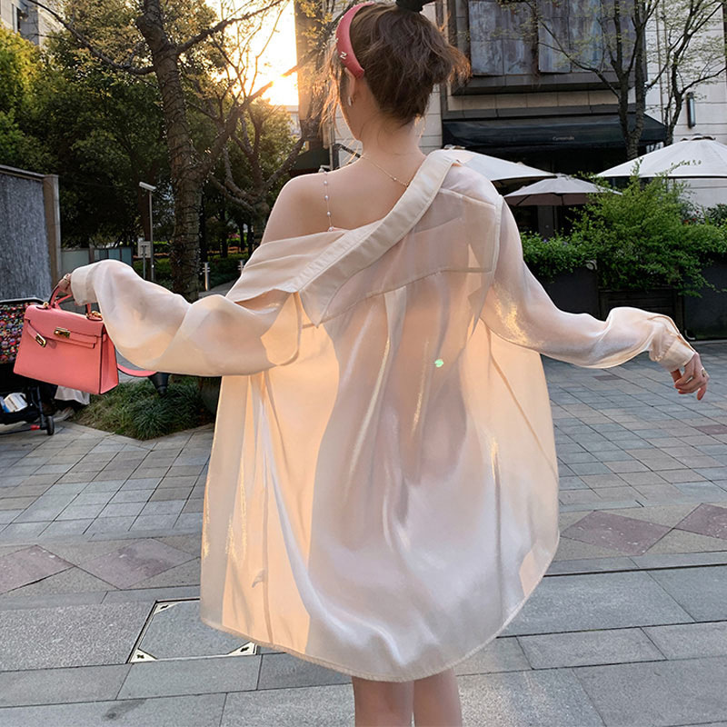2024 Summer Thin Sunscreen Shirt Women's Mid-length Loose All-match Long-sleeved Shirt Breathable Ice Silk Chiffon Thin Coat