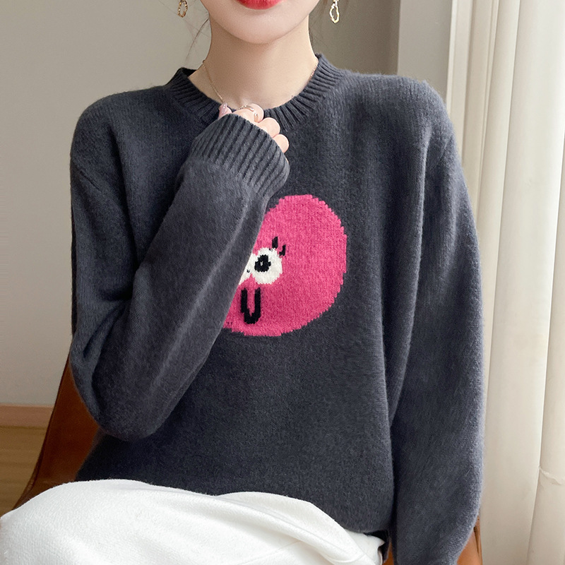 Korean Style Love Smiling Face Embroidered Round Neck Pullover Knitted Sweater Women's Autumn and Winter New Loose Sweet Wool Sweater Top