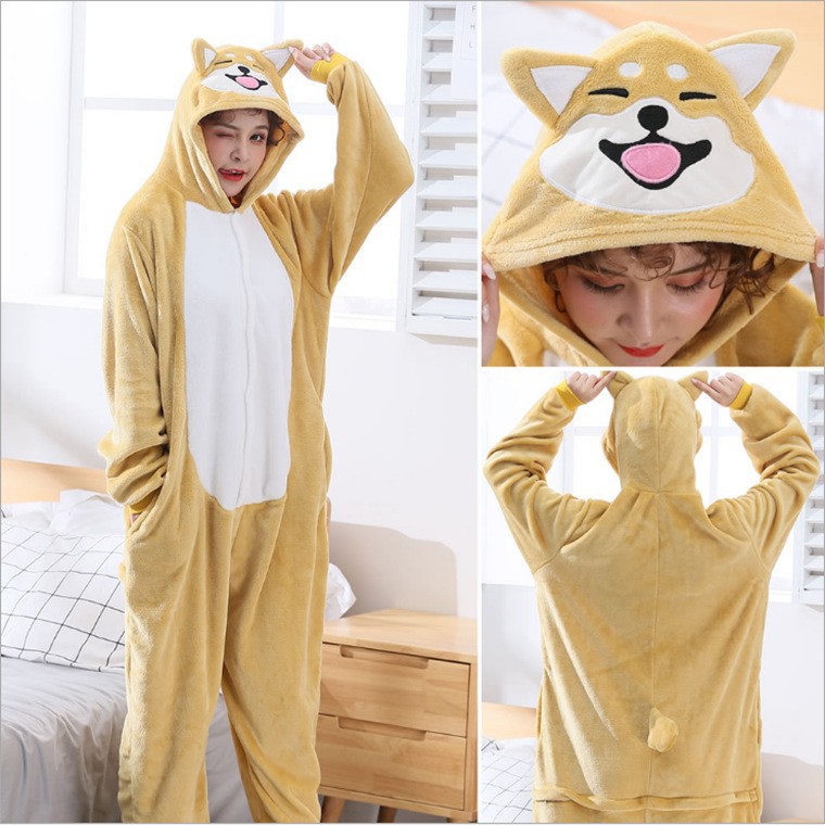 Wholesale Flannel Toilet Version Autumn and Winter Animal Cartoon One-Piece Pajamas Corgi Shiba Inu Thickened Warm Home Clothes