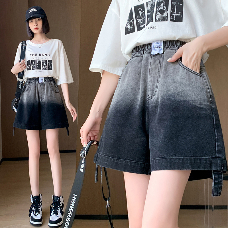 [40.00 kg-100.00 kg can be worn] Denim shorts A- shaped wide leg wide elastic high waist slimming plus size women's chubby girl