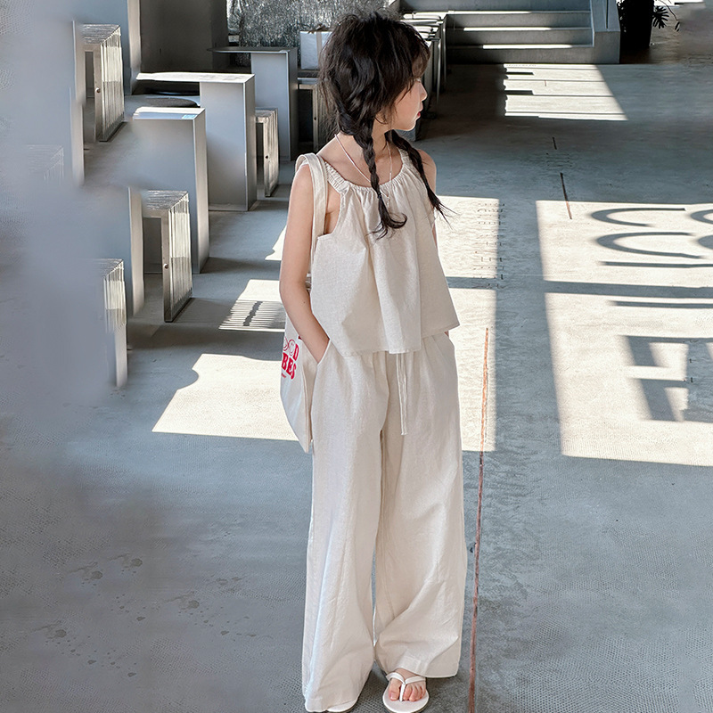 Picture of Girls Summer suit Children's Wear New Sling Top Wide Leg Straight Pants Korean Style suit Big Children Thin Two-piece Set