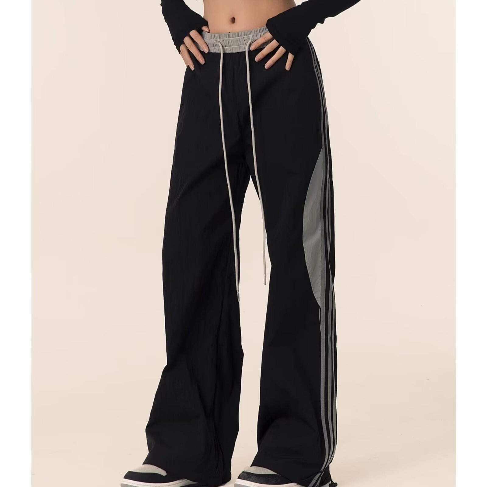 High Street Straight Casual Trousers Women's Spring and Summer Loose Thin Sports Leg Rusher Pants Women's Striped Quick-drying Pants