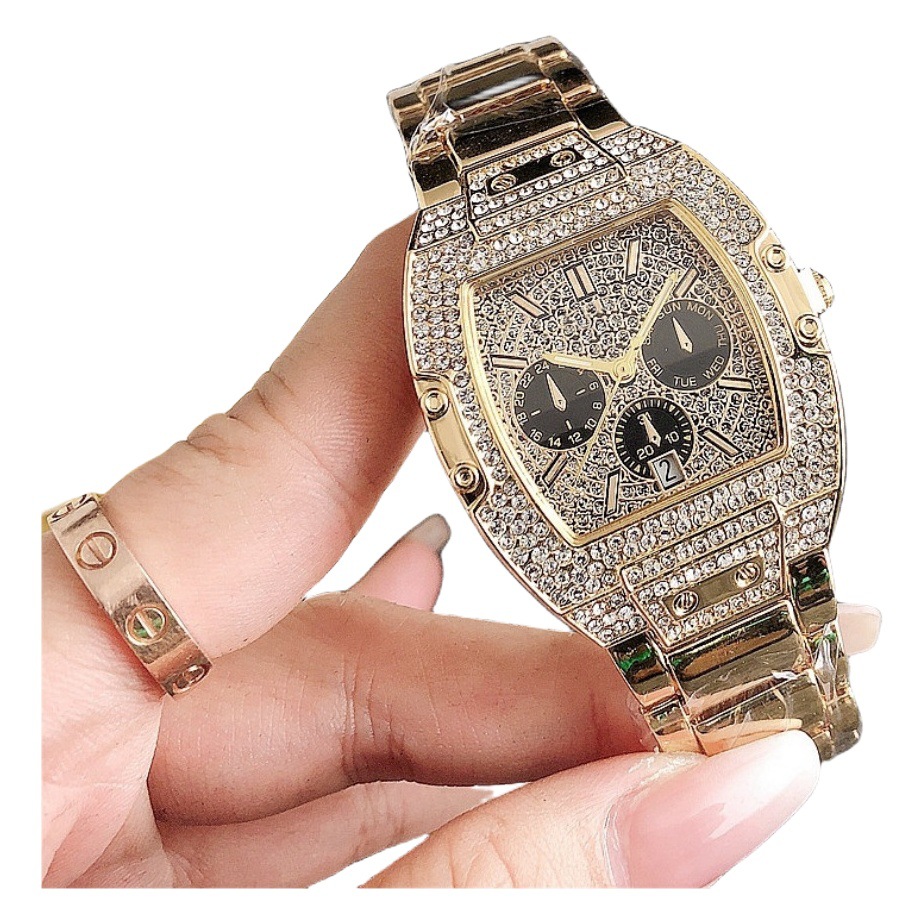 Women's Watch three-eye six-pin timing decoration fashionable quartz watch Middle School student Square full diamond dial women's watch