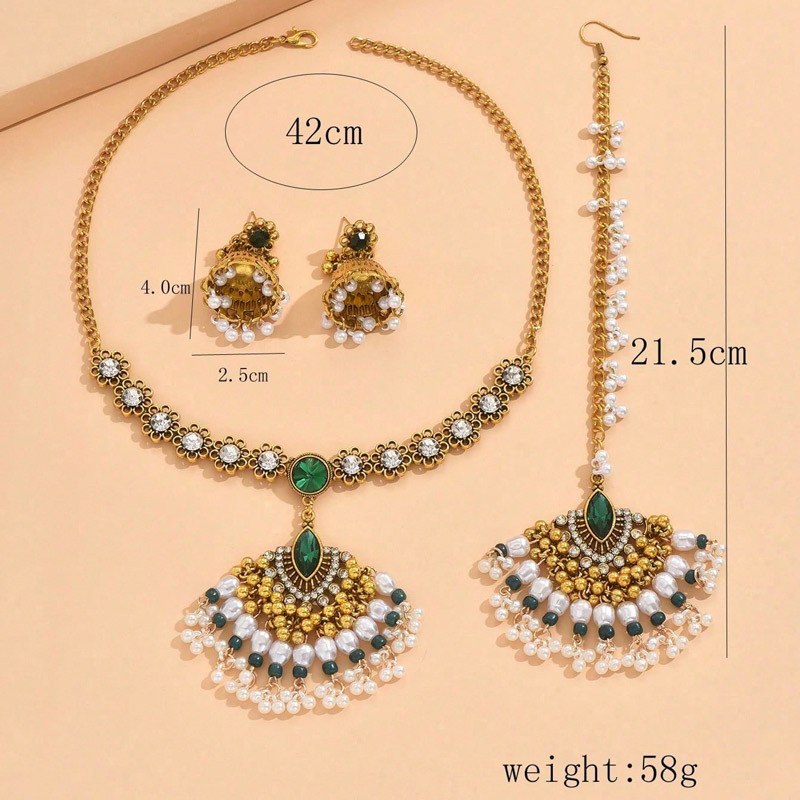 Cross-border European and American Metal Bell Earrings Necklace Headwear Nilor Retro Fan-shaped Artistic Pearl Tassel suit Women