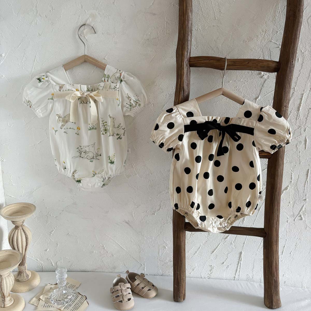 Baby Clothes Summer Baby Girl Short-sleeved Cute Bow Polo Dot Wrap Fart Clothes Princess Full Moon One-year-old Climbing Clothes