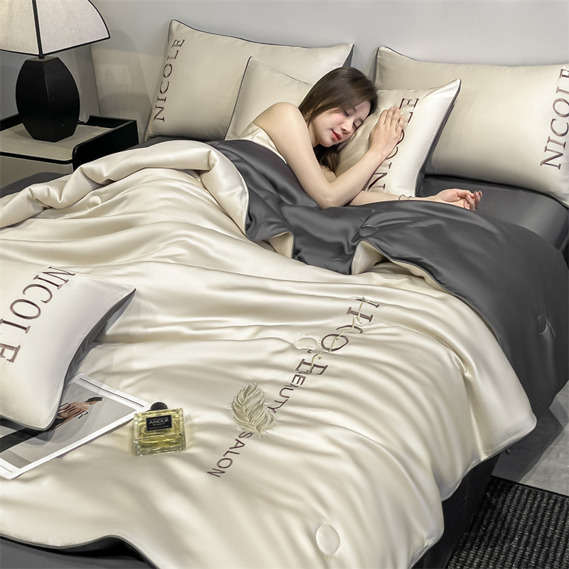 Picture of Washed Ice Silk Summer Quilt Four-piece Solid Color Embroidered Cool Air Conditioned Quilt Summer Gift Summer Quilt Summer Thin Quilt
