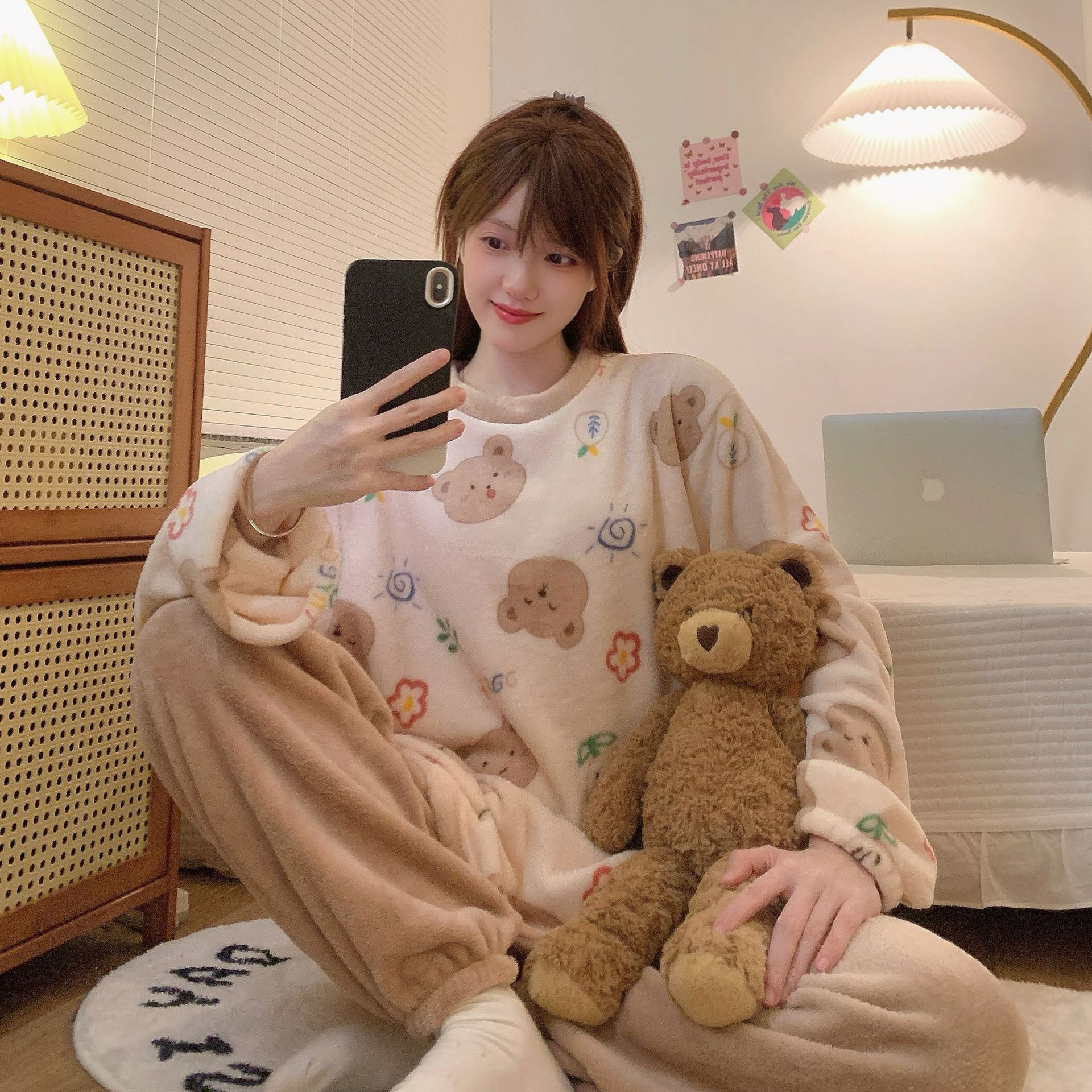 Pajamas Women's Autumn and Winter Flannel Thickened Sweet Cute Korean Coral Fleece Crewneck Pajamas Home Clothes suit
