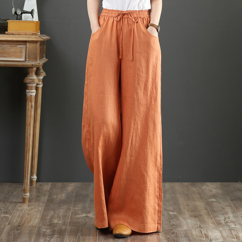 Picture of Korean 2025 Spring and Summer Artistic Cotton and Linen Loose Plus-Size Wide-Leg Pants High-Waisted Floor-Length Straight-Leg Linen Women's Pants