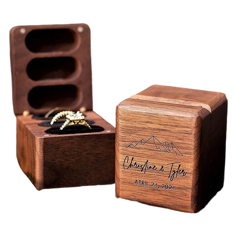 Cross-border Hot Sale Black Walnut Ring Storage Box 3 Groove Wooden Ring Box Wedding Exchange Ring Engravable Pattern
