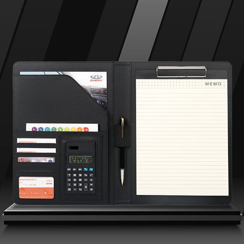 A4 Folder Custom-Made Leather Business Manager Folder Calculator Zipper Folder Office Supplies Multi-Functional File Customization
