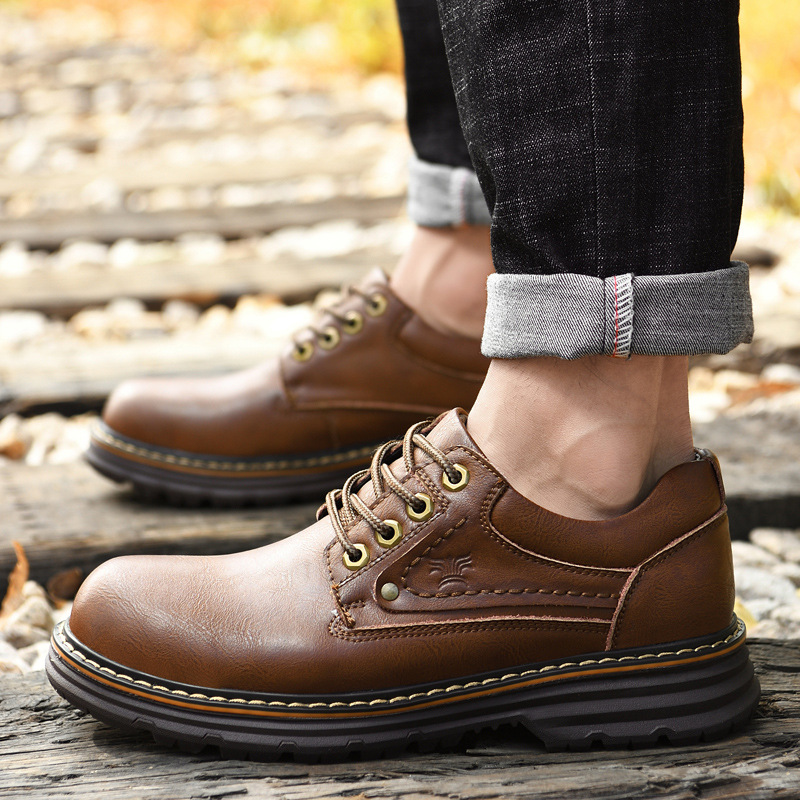 2025 Cross-Border Popular Leather Shoes Large Size Lace-Up Work Shoes Men's Casual Leather Shoes Hiking Shoes Thick-Soled Large Leather Shoes