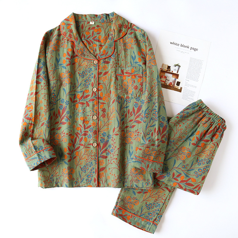 Picture of New Retro Yarn-dyed Leaf Lapel Long-sleeved Trousers Cardigan Women's Home Clothes Two-piece Cotton Pajamas