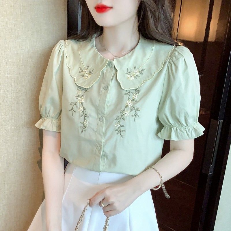Doll Collar Embroidered Cotton Shirt Women's Fashionable Cotton 2024 Summer New Fashion Loose Small Fresh Top