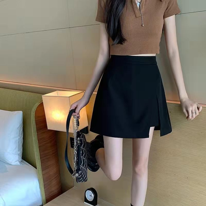Irregular 2024 Spring and Summer High Waist Slimming Split Black Skirt for Chubby Girls Belly Covering A- Line Short Skirt for Women