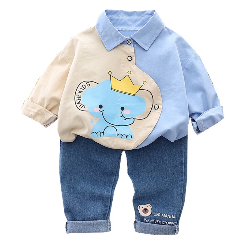 Five Little seven children's clothing boys' autumn shirt suit 2023 new Korean style children's autumn long sleeve cartoon two-piece suit